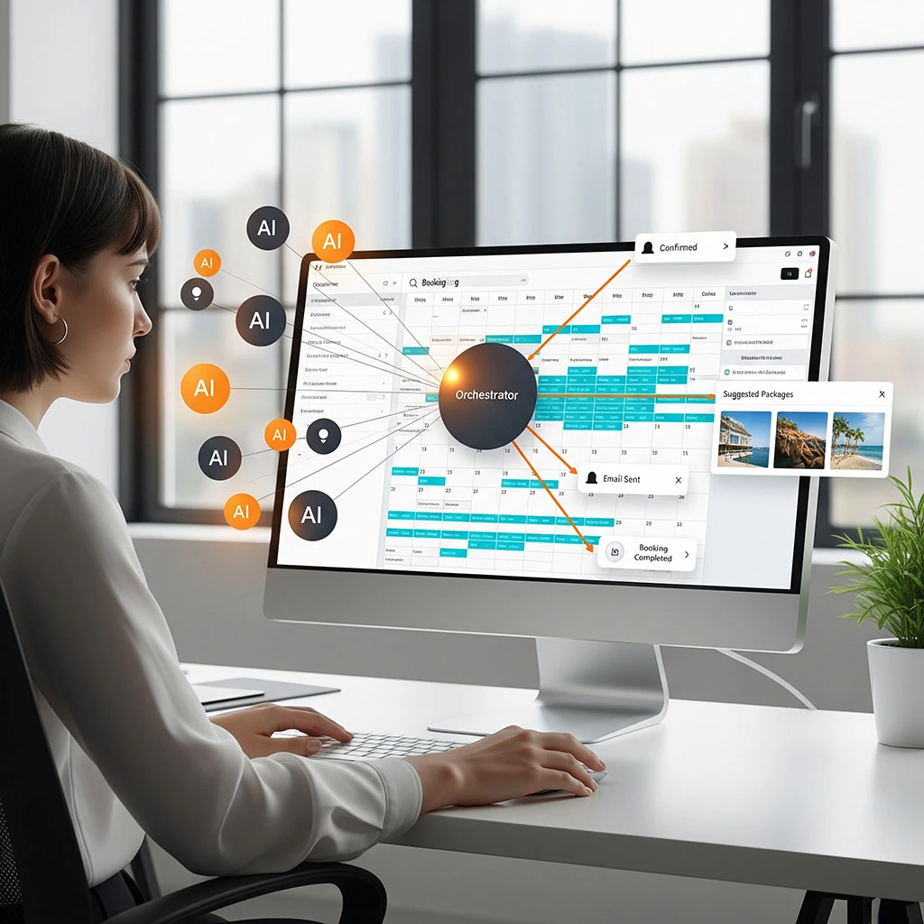 woman on computer with ai orchestrator graphics coming out