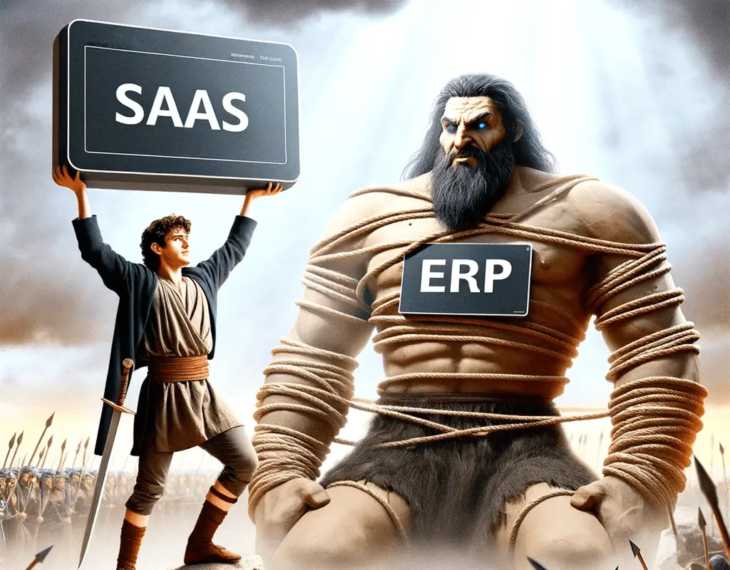Devid pictured as 'saas' defeating goliath pictured as 'ERP'